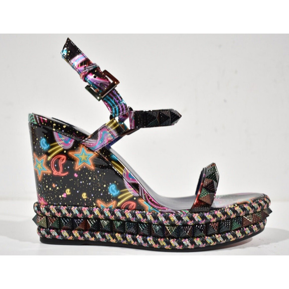 Christian Louboutin Pyraclou 110 Black Starlight Platform Wedge Sandal Heel 35 - Picture 2 of 11